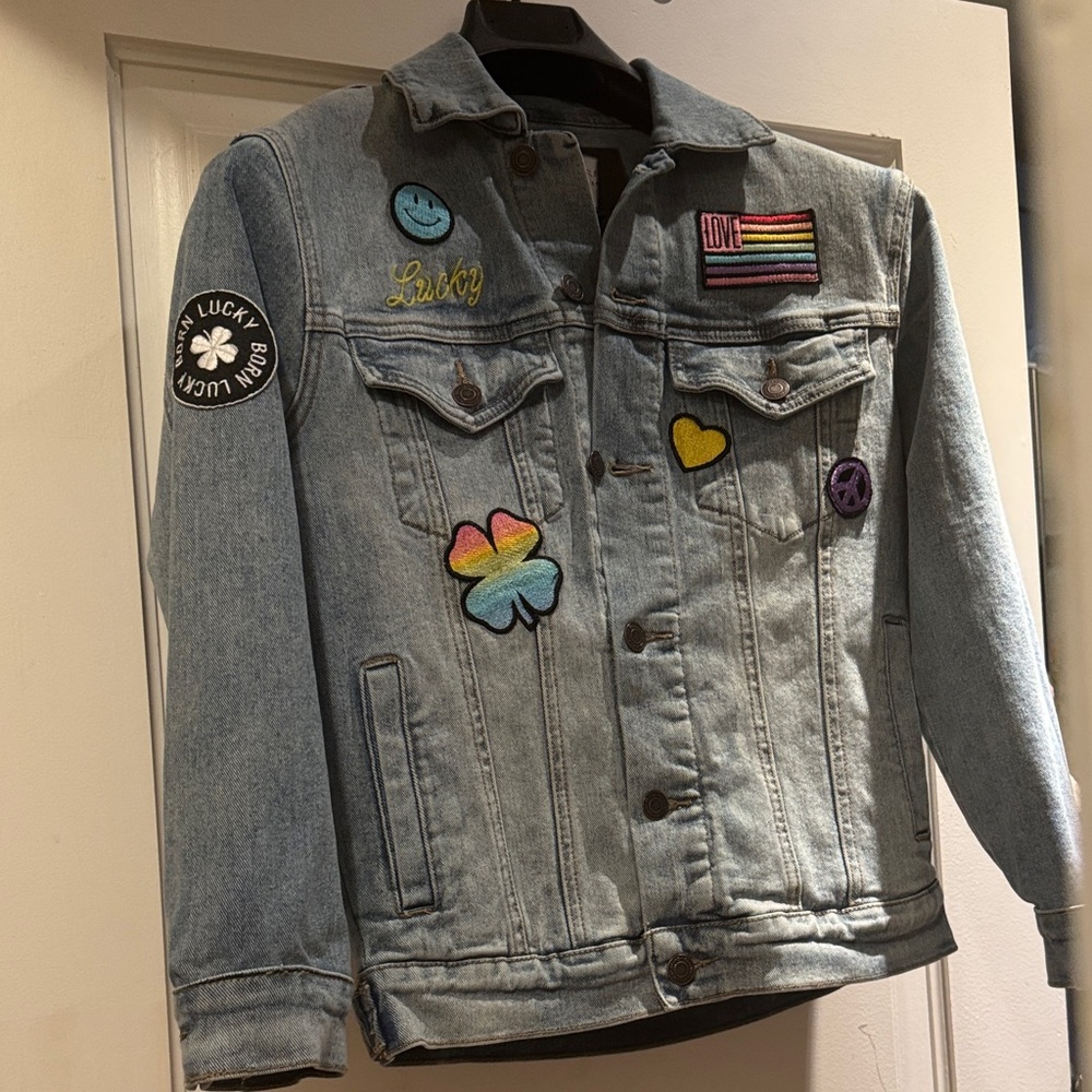 Lucky Brand Light Blue Denim Jacket with Multicolor Lettering